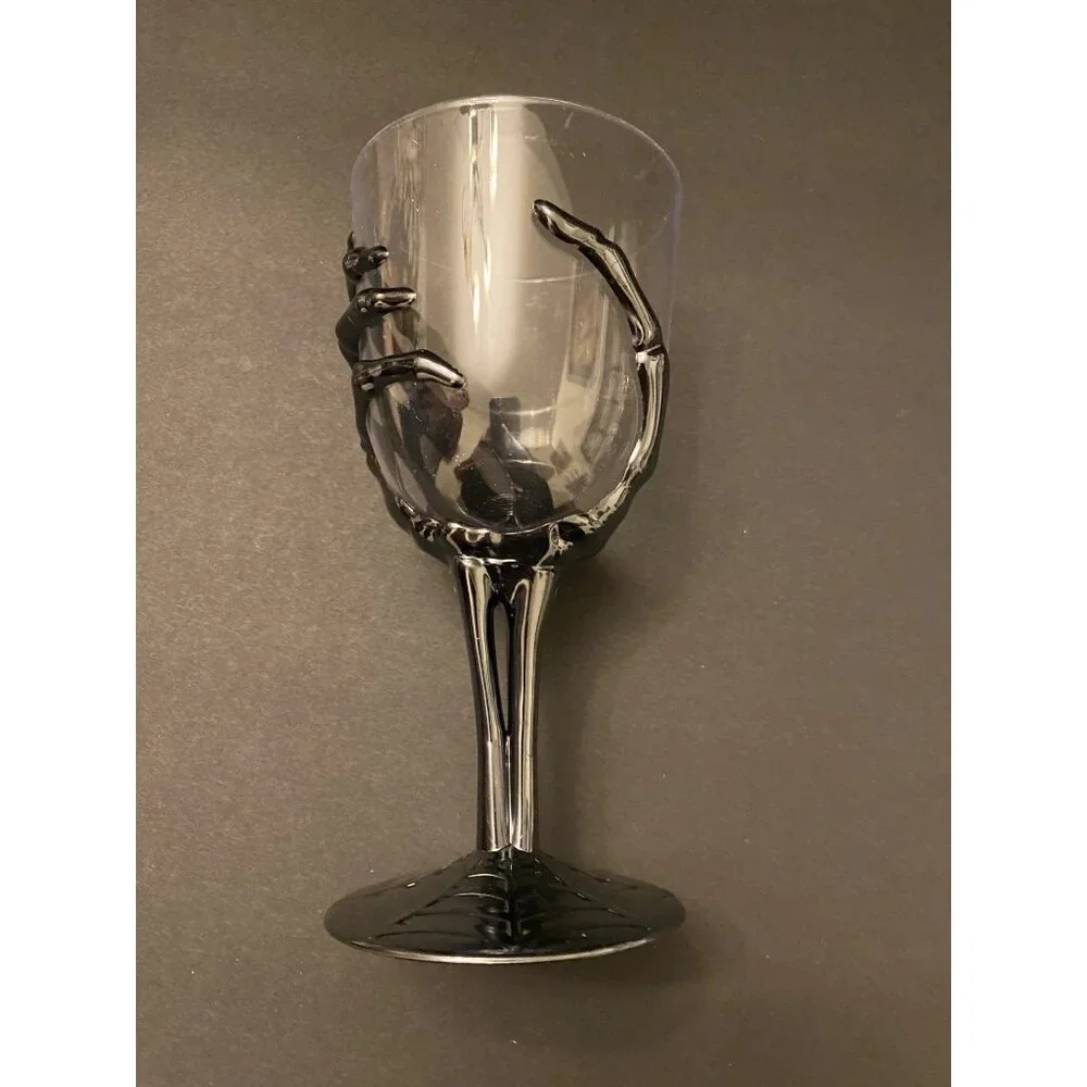 Set of 2 Metallic Silver look 3D Skeleton Hand Goblet & Cup w/ Spider Web Base